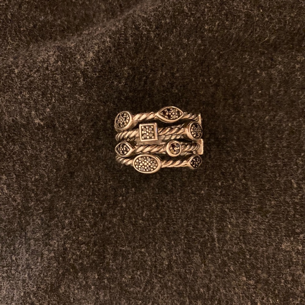 David Yurman Sterling Silver 4-Row Pave Black Diamond Confetti Ring size 6